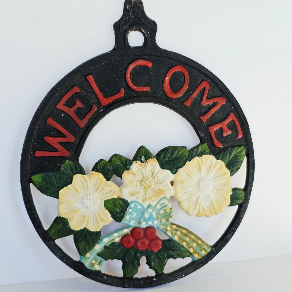 Vintage Cast Iron Welcome Sign Floral Holly Wall Hanging Plaque Farmhouse Decor